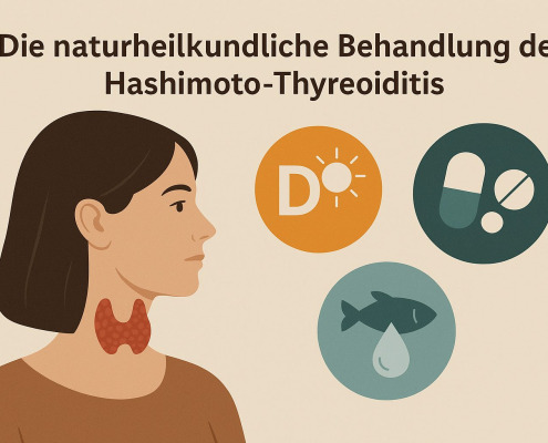 Illustration zur naturheilkundlichen Behandlung der Hashimoto-Thyreoiditis: Eine Frau im Profil mit hervorgehobener Schilddrüse, daneben Symbole für Vitamine, Vitamin D und Omega-3-Fettsäuren auf beigem Hintergrund.