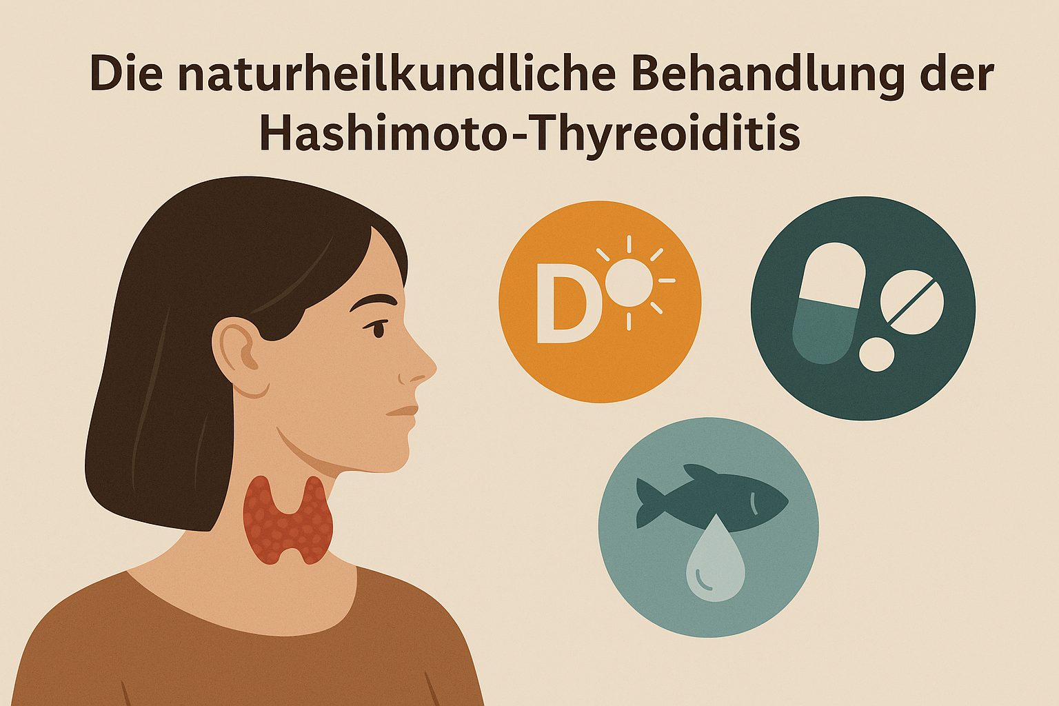 Illustration zur naturheilkundlichen Behandlung der Hashimoto-Thyreoiditis: Eine Frau im Profil mit hervorgehobener Schilddrüse, daneben Symbole für Vitamine, Vitamin D und Omega-3-Fettsäuren auf beigem Hintergrund.