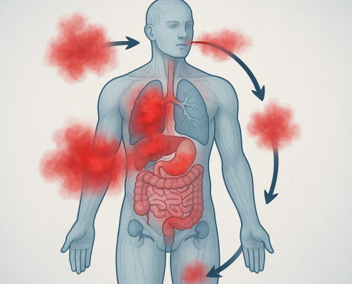 Illustration eines menschlichen Körpers mit roten Säureansammlungen im Bindegewebe und Pfeilen zur Darstellung der Ausscheidung über Lunge, Niere, Darm und Haut
