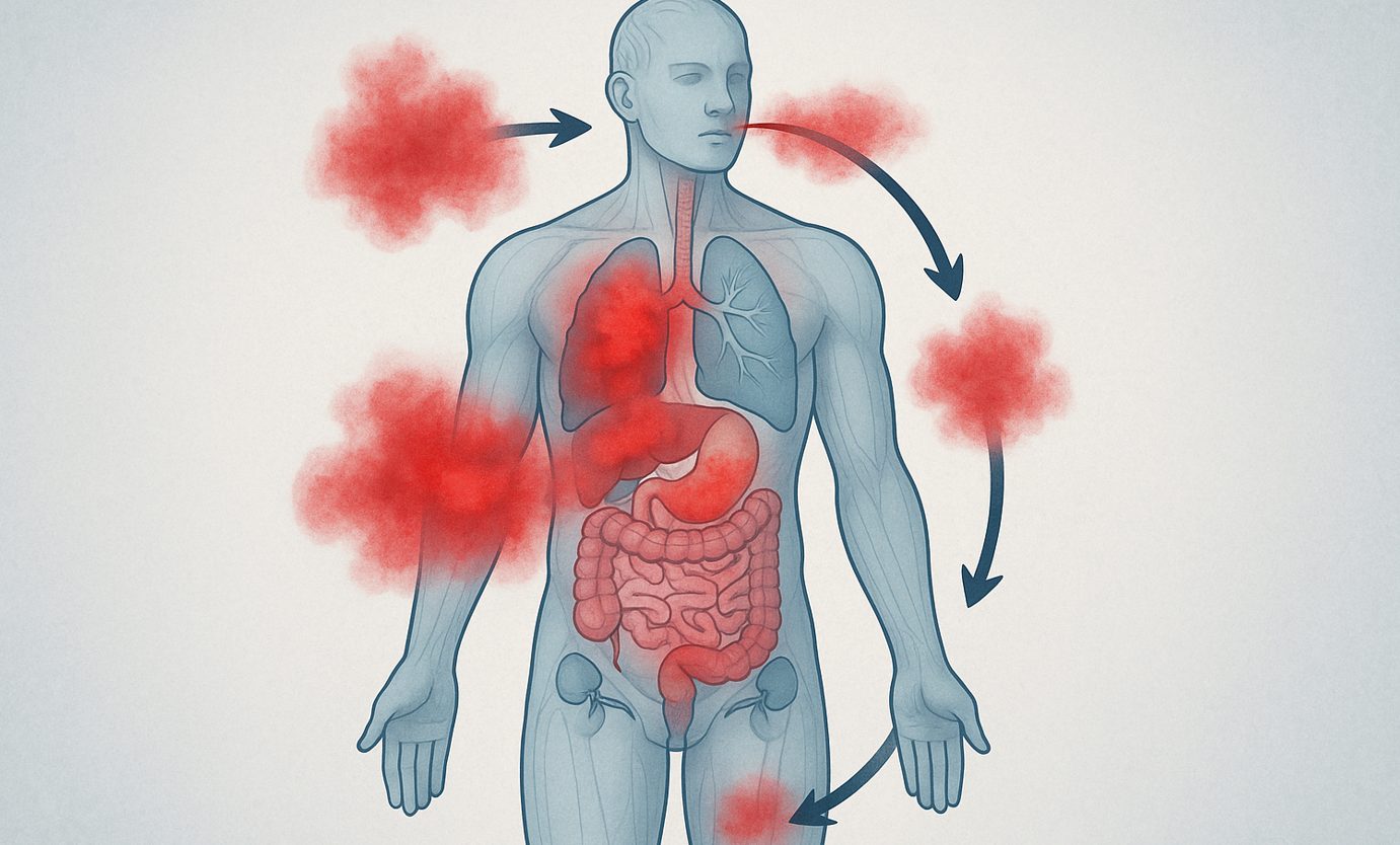 Illustration eines menschlichen Körpers mit roten Säureansammlungen im Bindegewebe und Pfeilen zur Darstellung der Ausscheidung über Lunge, Niere, Darm und Haut