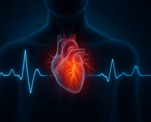 Herzratenvariabilität: Fotorealistische Illustration eines leuchtenden menschlichen Herzens mit sichtbaren Blutgefäßen, eingebettet in eine Silhouette, vor dunklem Hintergrund mit blauer EKG-Linie