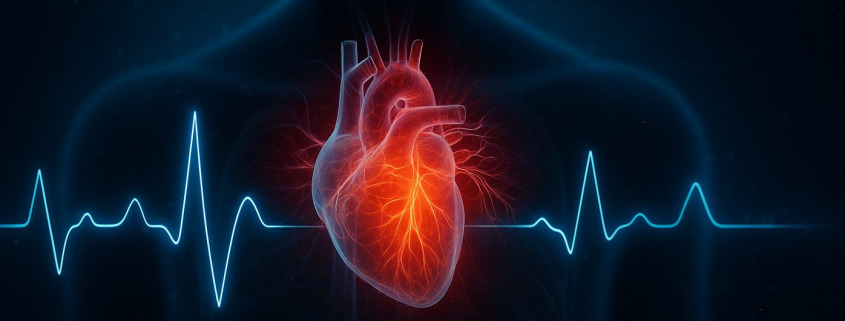 Herzratenvariabilität: Fotorealistische Illustration eines leuchtenden menschlichen Herzens mit sichtbaren Blutgefäßen, eingebettet in eine Silhouette, vor dunklem Hintergrund mit blauer EKG-Linie