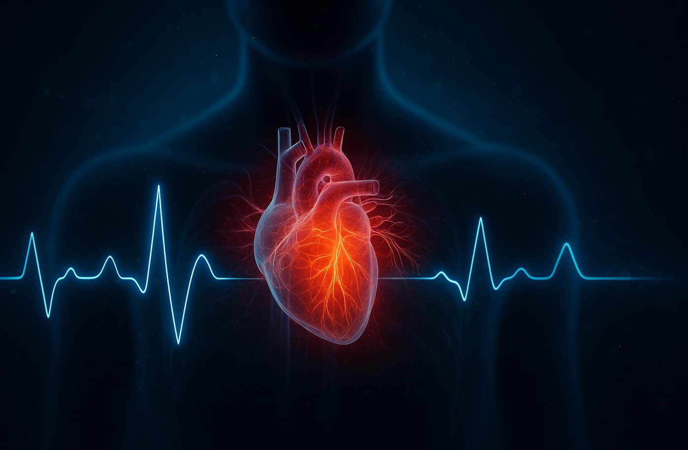 Herzratenvariabilität: Fotorealistische Illustration eines leuchtenden menschlichen Herzens mit sichtbaren Blutgefäßen, eingebettet in eine Silhouette, vor dunklem Hintergrund mit blauer EKG-Linie