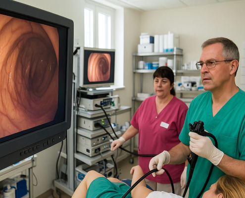 Ärzteteam führt eine Darmspiegelung durch, Kolonansicht auf Monitor im Untersuchungsraum