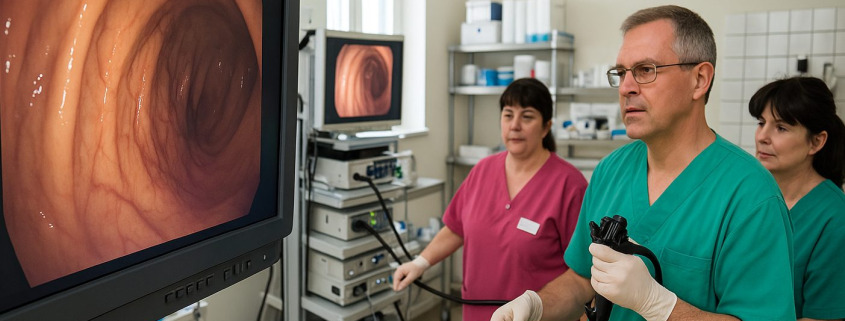 Ärzteteam führt eine Darmspiegelung durch, Kolonansicht auf Monitor im Untersuchungsraum