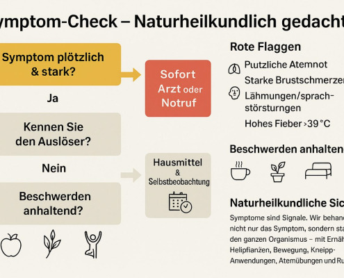 Kurze Infografik „Symptom-Check – Naturheilkundlich gedacht“ im Querformat mit Ablaufplan, roten Warnsignalen, Icons und naturheilkundlichen Empfehlungen.