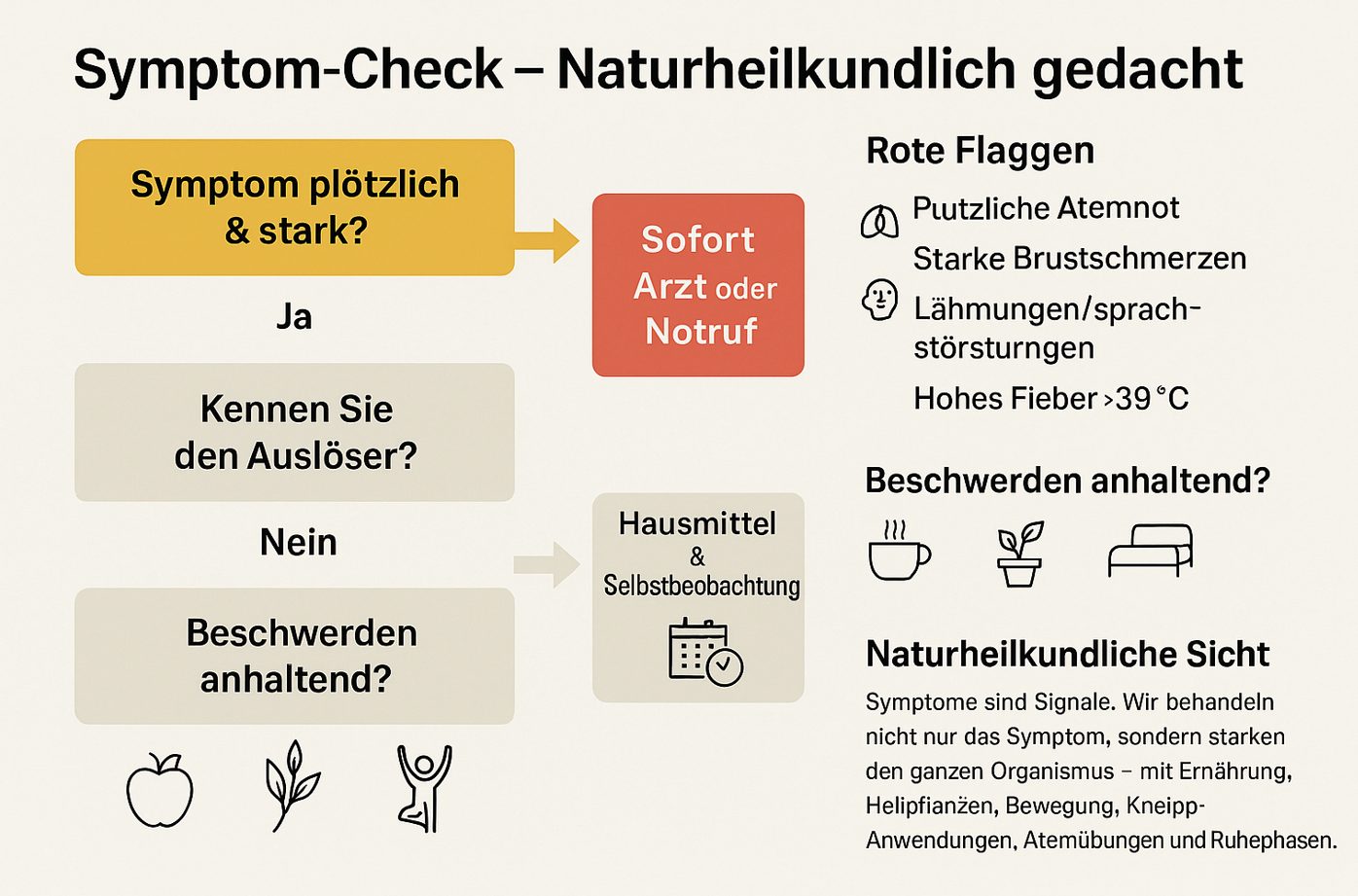 Kurze Infografik „Symptom-Check – Naturheilkundlich gedacht“ im Querformat mit Ablaufplan, roten Warnsignalen, Icons und naturheilkundlichen Empfehlungen.