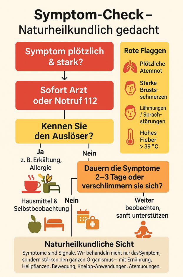 Infografik „Symptom-Check – Naturheilkundlich gedacht“ mit farbcodiertem Ablaufplan, Icons und Warnsignalen zur Einschätzung von Beschwerden