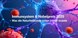 Illustration des Immunsystems mit leuchtenden Nervenzellen und Immunzellen in Blau- und Rottönen, Symbolbild für den Artikel „Immunsystem & Nobelpreis 2025 – Was die Naturheilkunde schon immer wusste“.
