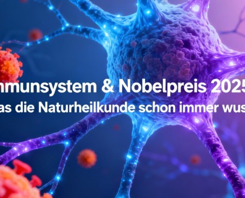 Illustration des Immunsystems mit leuchtenden Nervenzellen und Immunzellen in Blau- und Rottönen, Symbolbild für den Artikel „Immunsystem & Nobelpreis 2025 – Was die Naturheilkunde schon immer wusste“.