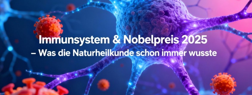 Illustration des Immunsystems mit leuchtenden Nervenzellen und Immunzellen in Blau- und Rottönen, Symbolbild für den Artikel „Immunsystem & Nobelpreis 2025 – Was die Naturheilkunde schon immer wusste“.