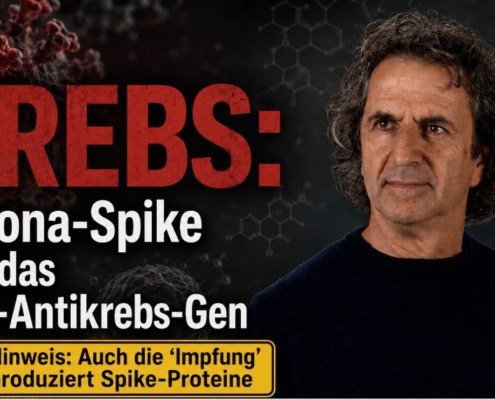 Porträt von René Gräber mit Headline zu Krebs, Corona Spike, p53 und Hinweis: Auch die Impfung produziert Spike.